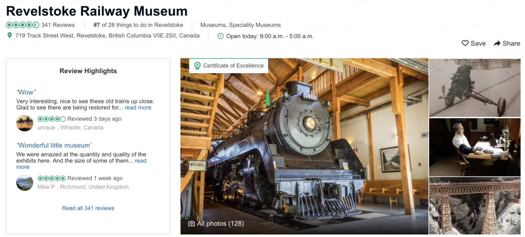 Screenshot of Revelstoke Railway Museum's TA account, which includes imagery that highlights key features of the museum.