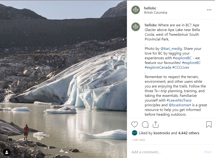 @HelloBC's Instagram post features Ape Glacier, and reminds visitors to #LeaveNoTrace.