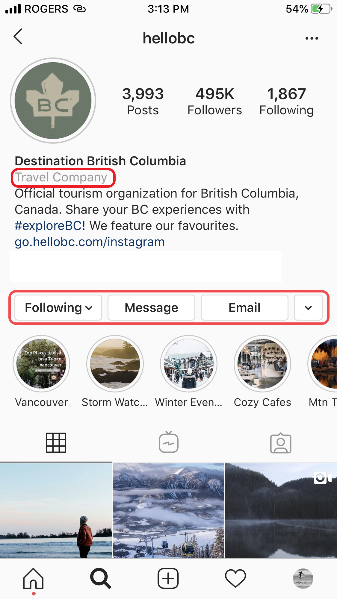 Screenshot of DBC's Instagram account, with the title "Travel Company" diplayed.