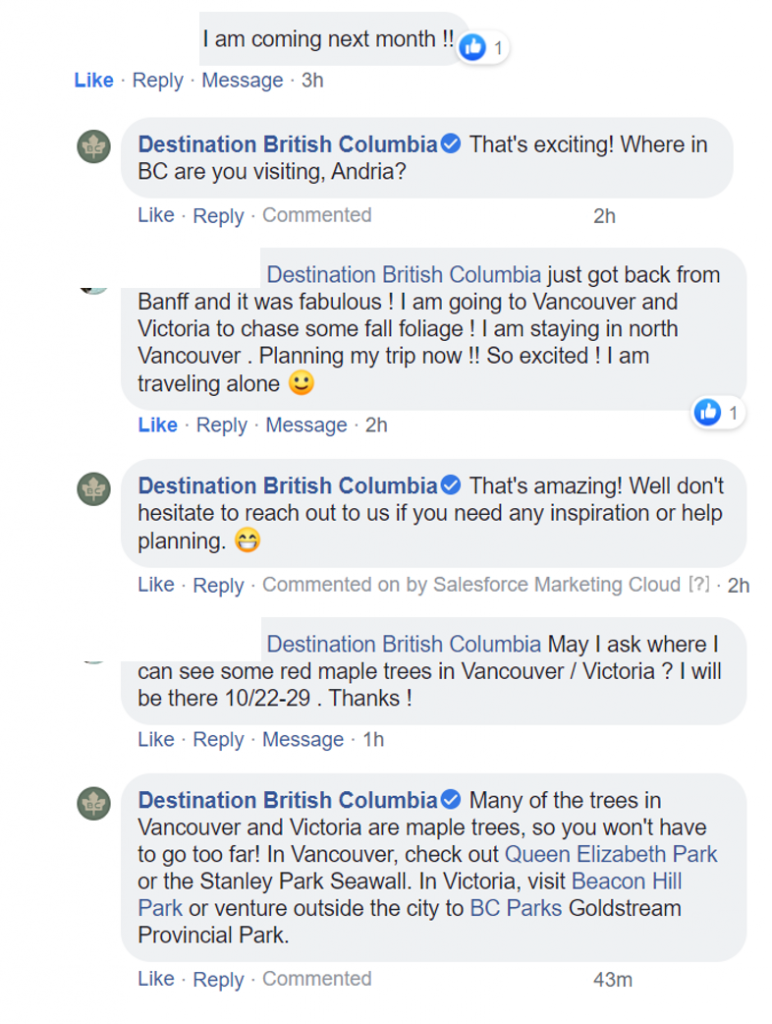 Destination BC responds to a user's comment that they will be visiting BC, and makes suggestions of things to do. 