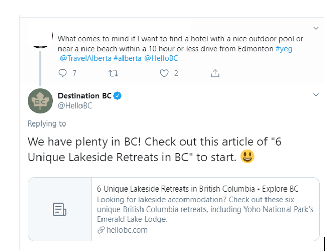 Destination BC directs a Twitter user to an article about 6 unique lakeside retreats in BC.