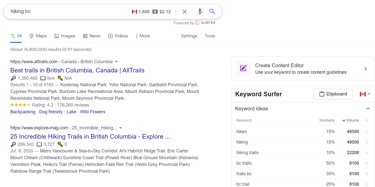 Screenshot of a google search with Keyword Surfer installed and showing the search volume for words related to "Hiking BC"