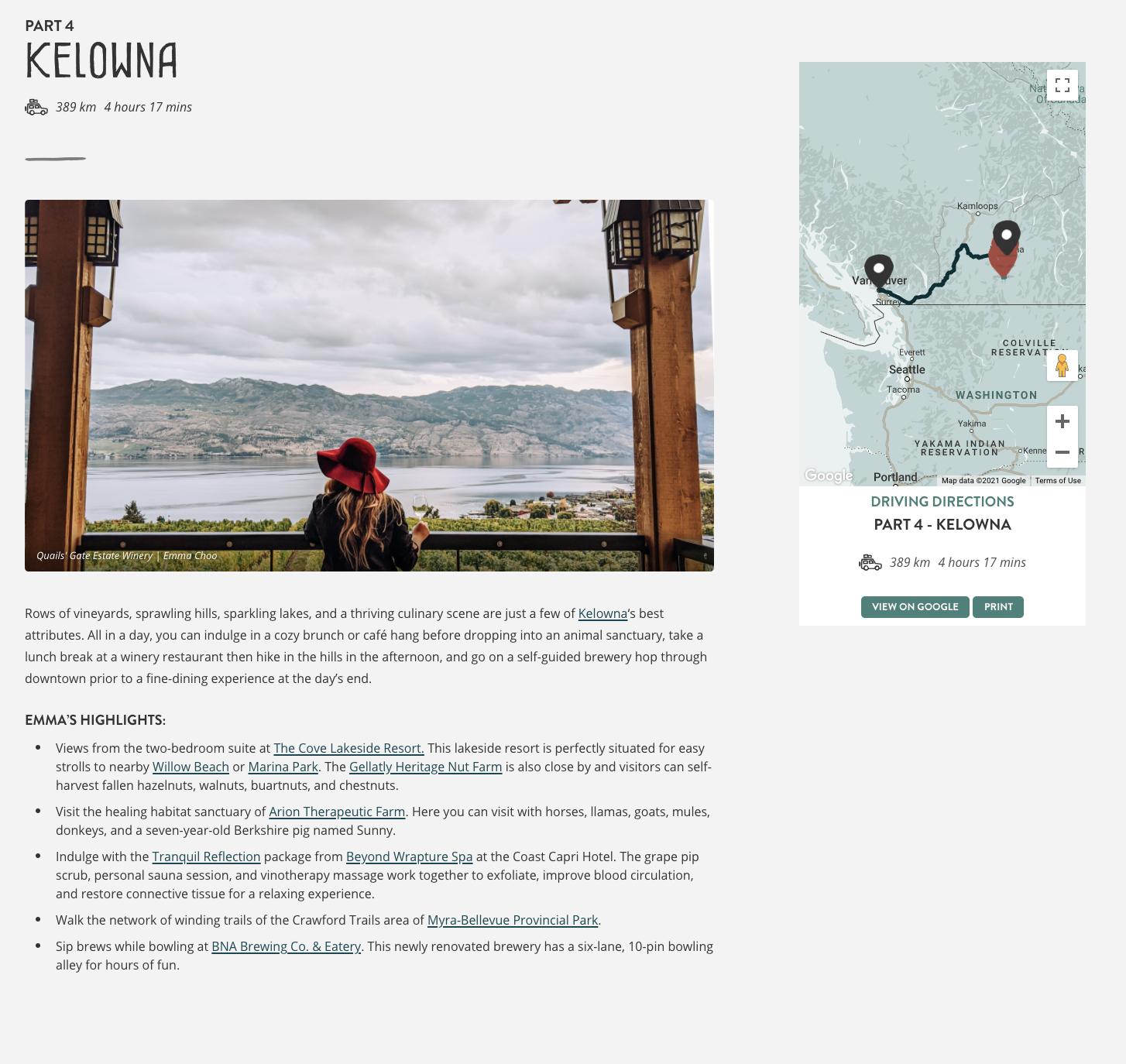 Close up of @Vancouver Foodie's detailed itinerary in Kelowna, featured on HelloBC.com.