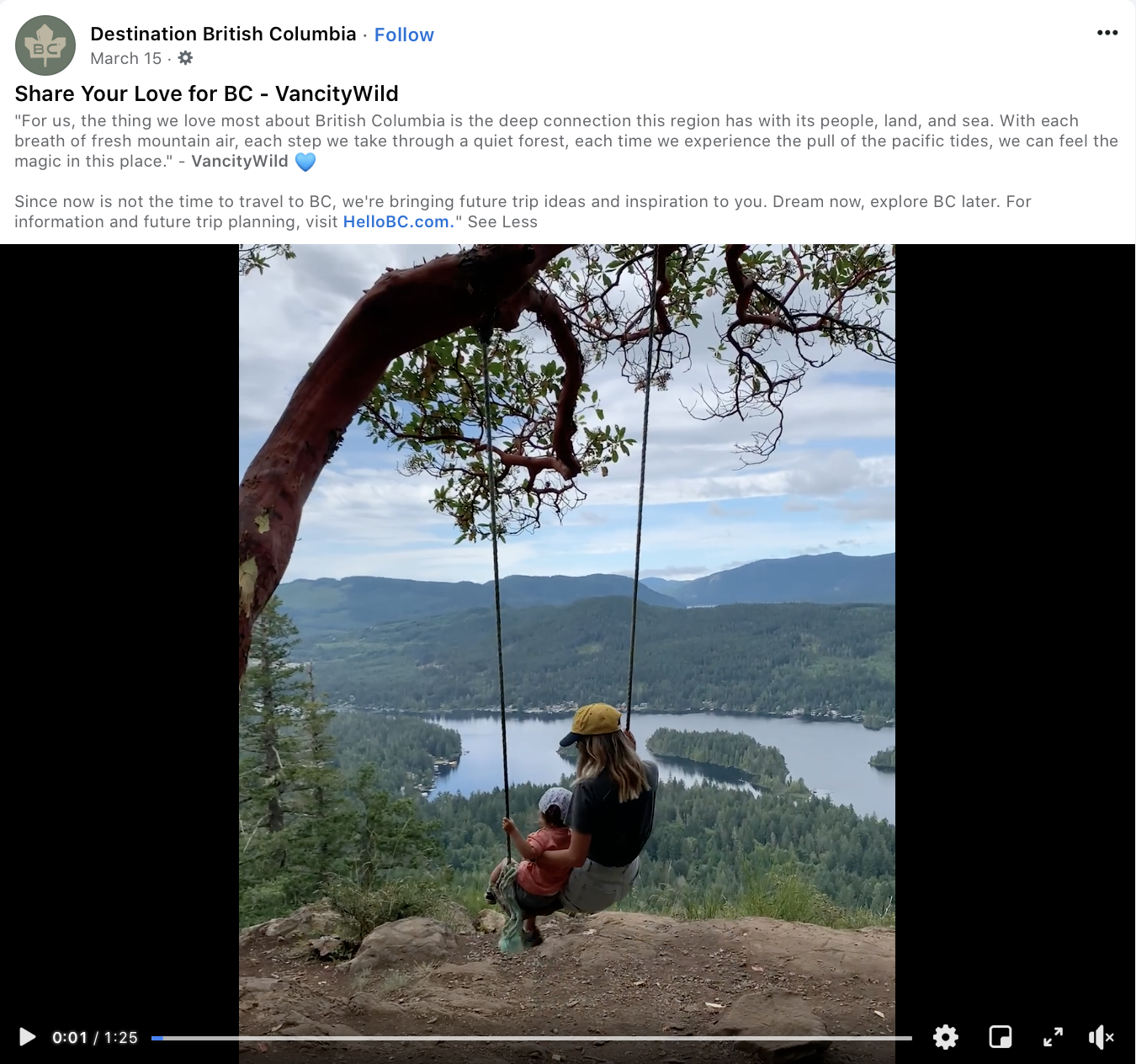 Screenshot of local Vancouver influencers (@VancityWild)'s "Share your love for BC" post featuring a video.