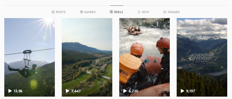 Screenshot of 4 Instagram reels on Tourism Whistler's Instagram page.