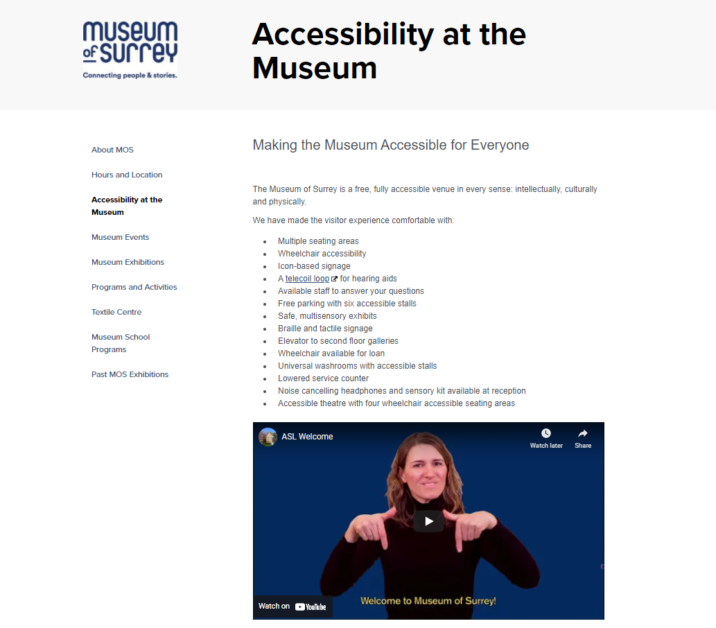 The Museum of Surrey's website describes the various ways their venue welcomes diverse visitors.