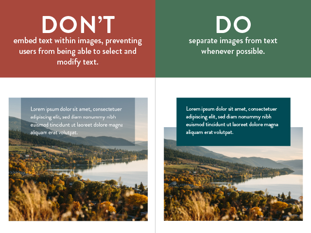 Ensure images are separate from text whenever possible, so users are able to select and modify text.