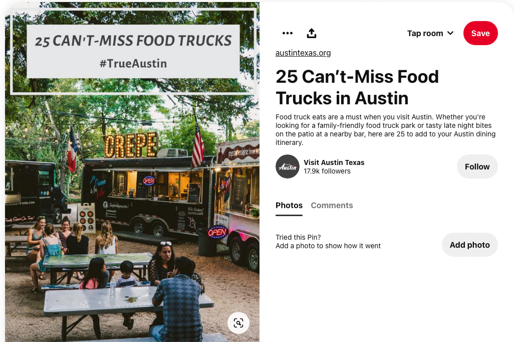 Austin Texas' Pin features people at picnic benches surrounded by food trucks and the words "25 Can't Miss Food Trucks #TrueAustin"