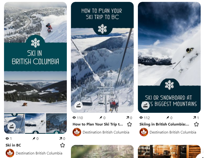 Three smaller images appear side by side, featuring ski imagery overlaid with a call to action to Sky in British Columbia.