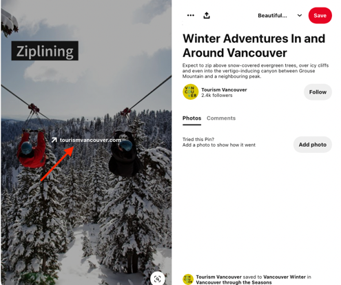 Tourism Vancouver's URL appears over top of the image in the Static Pin.