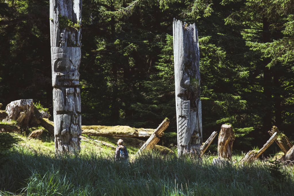 Totems at SGang Gwaay Llanagaay, Gwaii Haanas National Park Reserve and Haida Heritage Site, Haida Gwaii