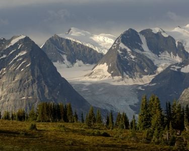 View of glaciers and mountain peaks in Glacier National Park.
