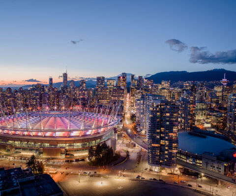 Aerial view over BC Place in Vancouver at dusk.