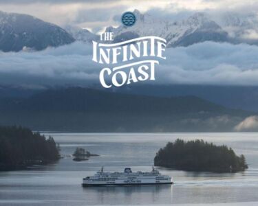 Oceanscape with a ferry and clouds over mountains in the background, and a logo.
