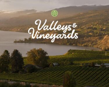 A rolling landscape of vineyards, water, and rising mountains in the distance with a logo overlaid.